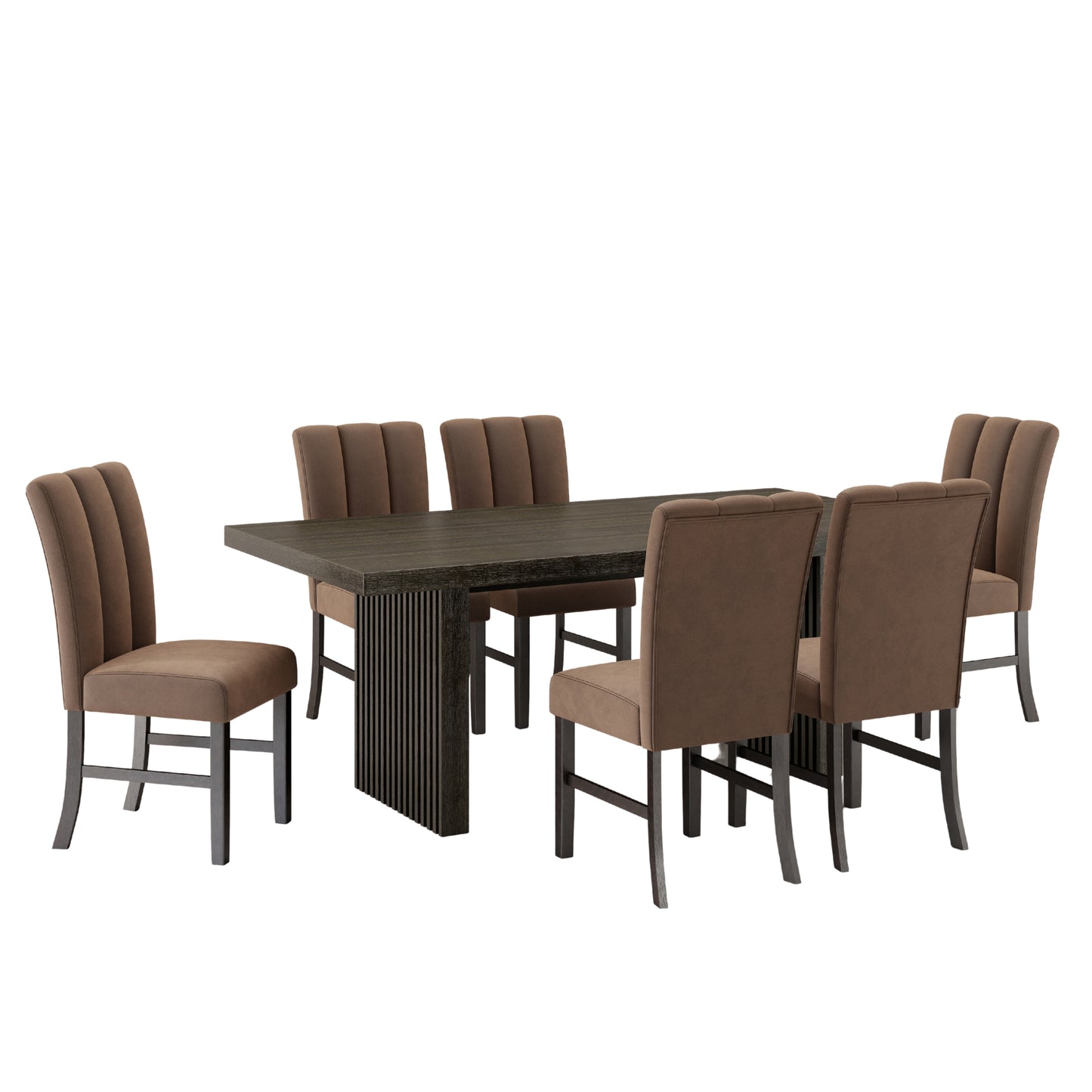 Roundhill Furniture Madison 7-Piece Dining Set, Slat-Fluted Dining Table with 6 Chairs, Chocolate