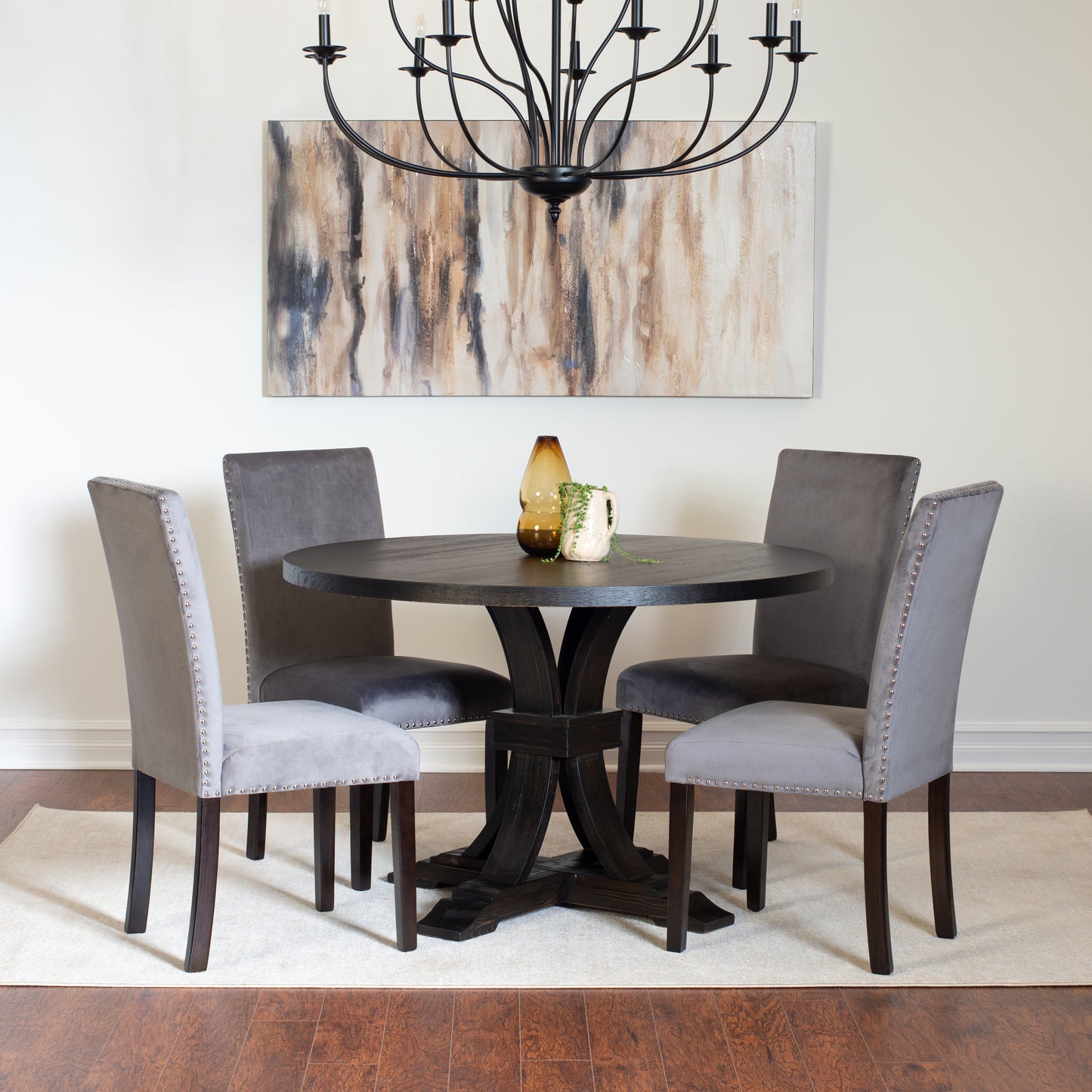 Quinlan 5-piece Dining Set, Distressed Pedestal Round Table with 4 Stylish Chairs