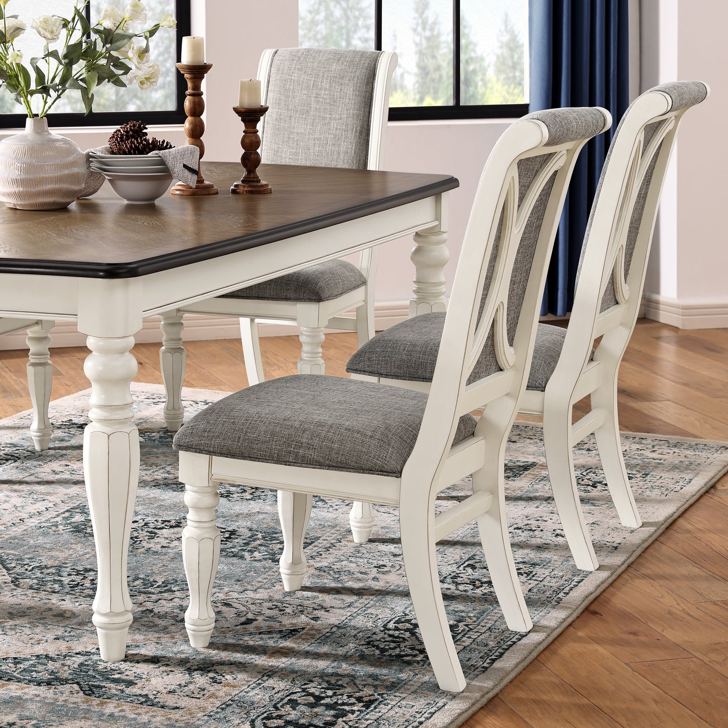 Roundhill Furniture Belleza French Country 7-Piece Dining Set in Antique White and Weathered Oak Finish