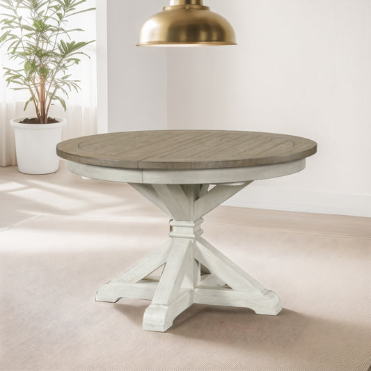 Roundhill Furniture Harola Round Pedestal Dining Table with 18" Leaf, Distressed Pine Finish
