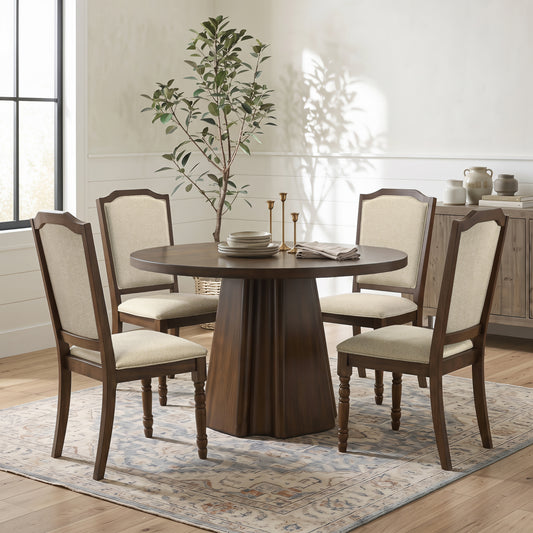 Roundhill Furniture Fantail 5-Piece Dining Set, Round Dining Table with 4 Iris Chairs, Walnut Finish