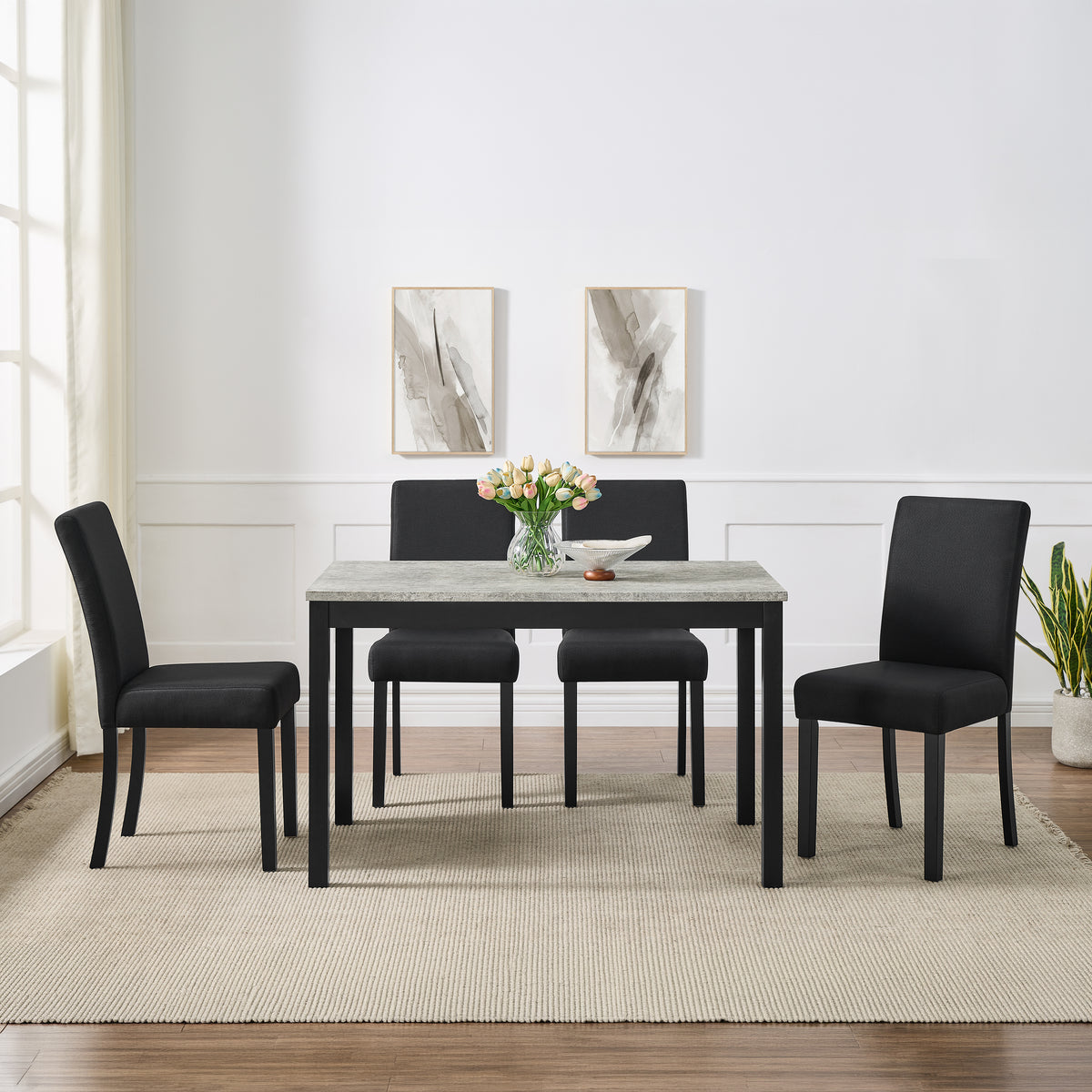 Roundhill Furniture Flint 5-Piece Dining Set, 48-inch Dining Table with 4 Chairs