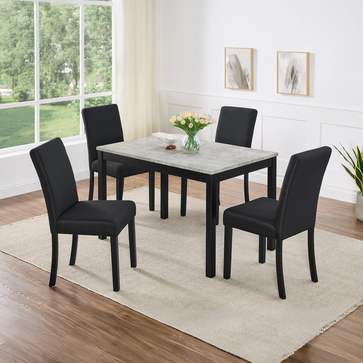 Roundhill Furniture Flint 5-Piece Dining Set, 48-inch Dining Table with 4 Chairs