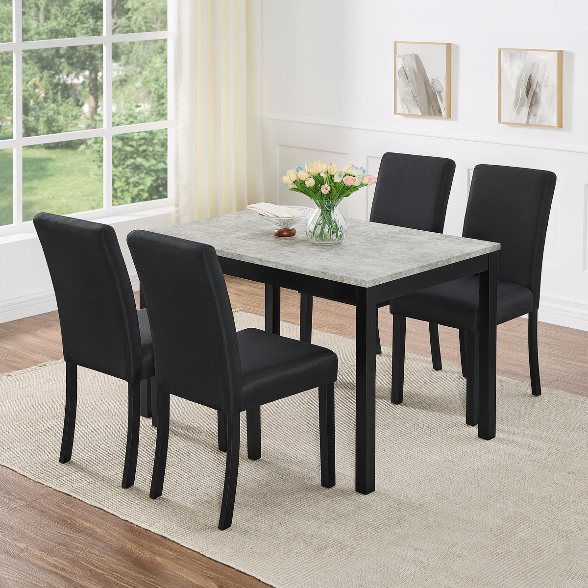Roundhill Furniture Flint 5-Piece Dining Set, 48-inch Dining Table with 4 Chairs