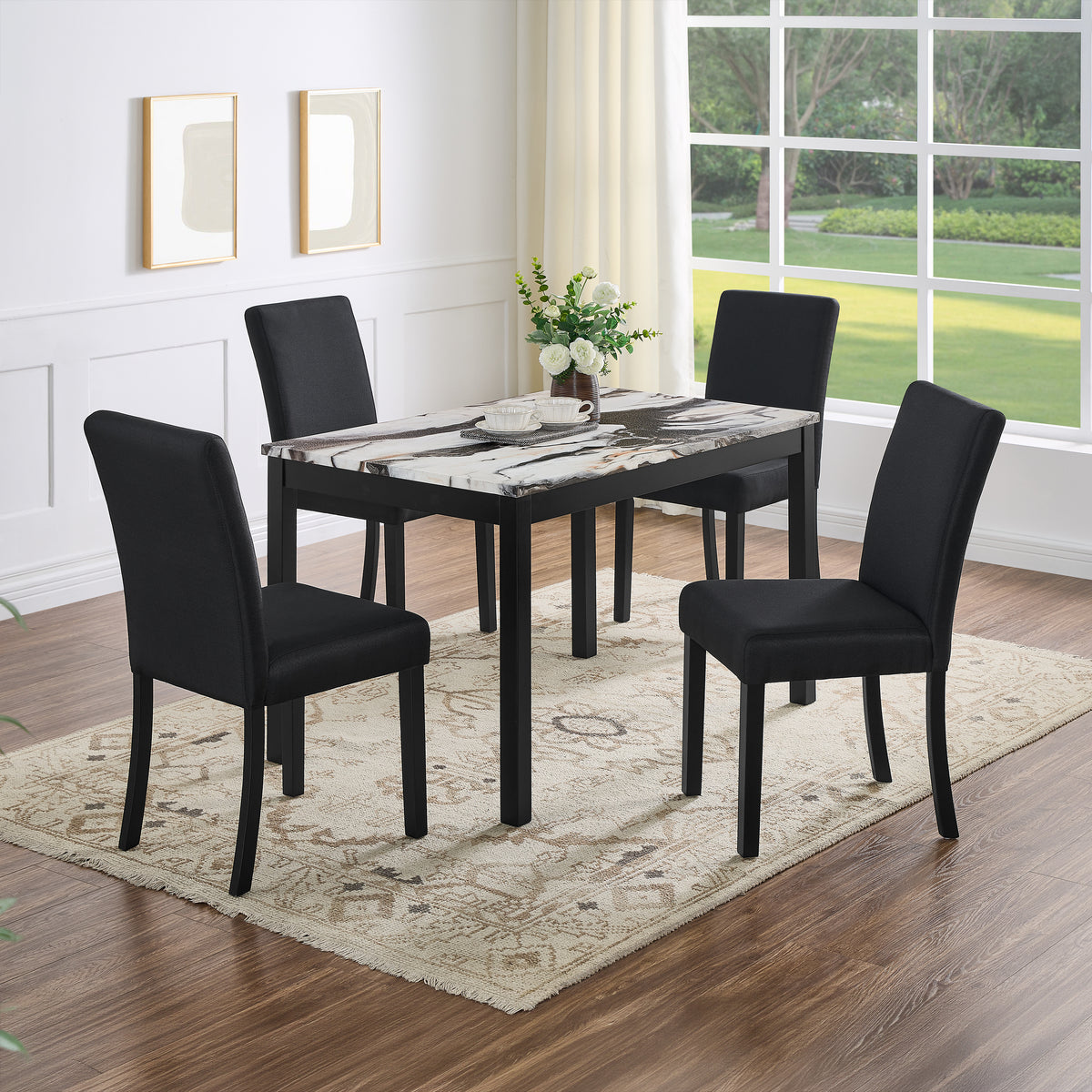 Roundhill Furniture Flint 5-Piece Dining Set, 48-inch Dining Table with 4 Chairs