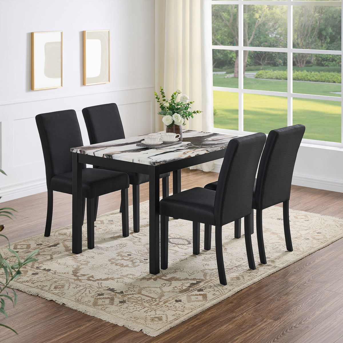 Roundhill Furniture Flint 5-Piece Dining Set, 48-inch Dining Table with 4 Chairs