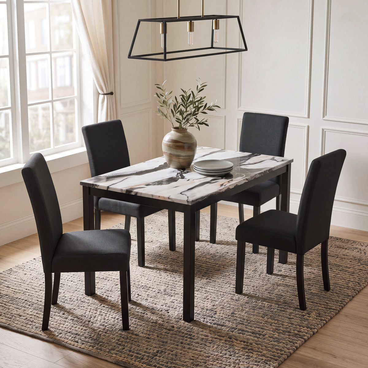 Roundhill Furniture Flint 5-Piece Dining Set, 48-inch Dining Table with 4 Chairs