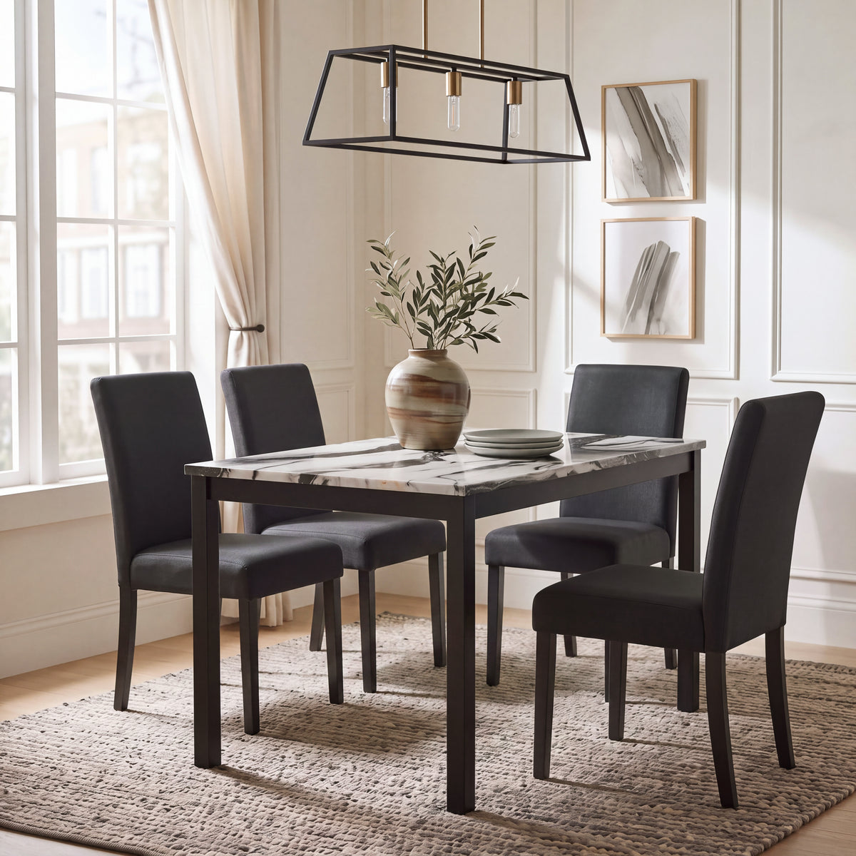 Roundhill Furniture Flint 5-Piece Dining Set, 48-inch Dining Table with 4 Chairs