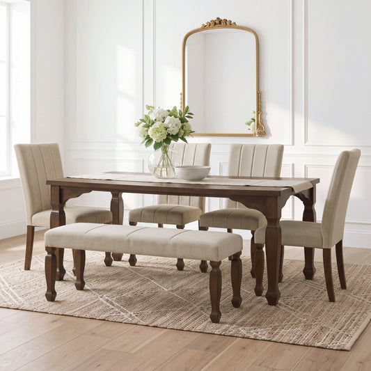 Roundhill Furniture Rowan 6-Piece Dining Set, 72-inch Dining Table with 4 Chairs and Bench, Walnut Finish