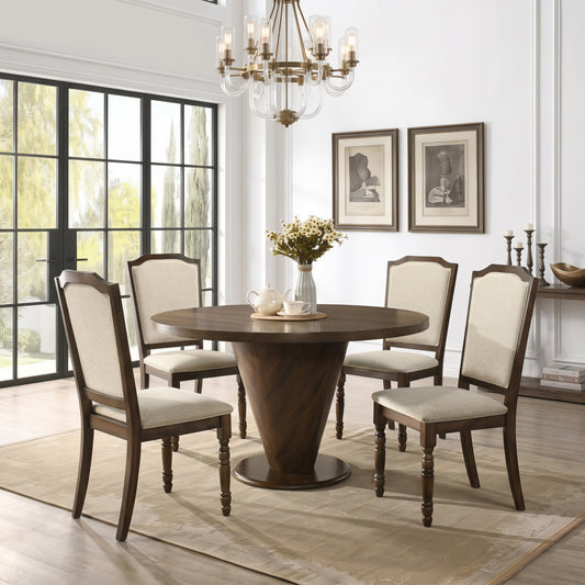 Roundhill Furniture Solene 5-Piece Dining Set, Round Dining Table with 4 Iris Chairs, Walnut Finish