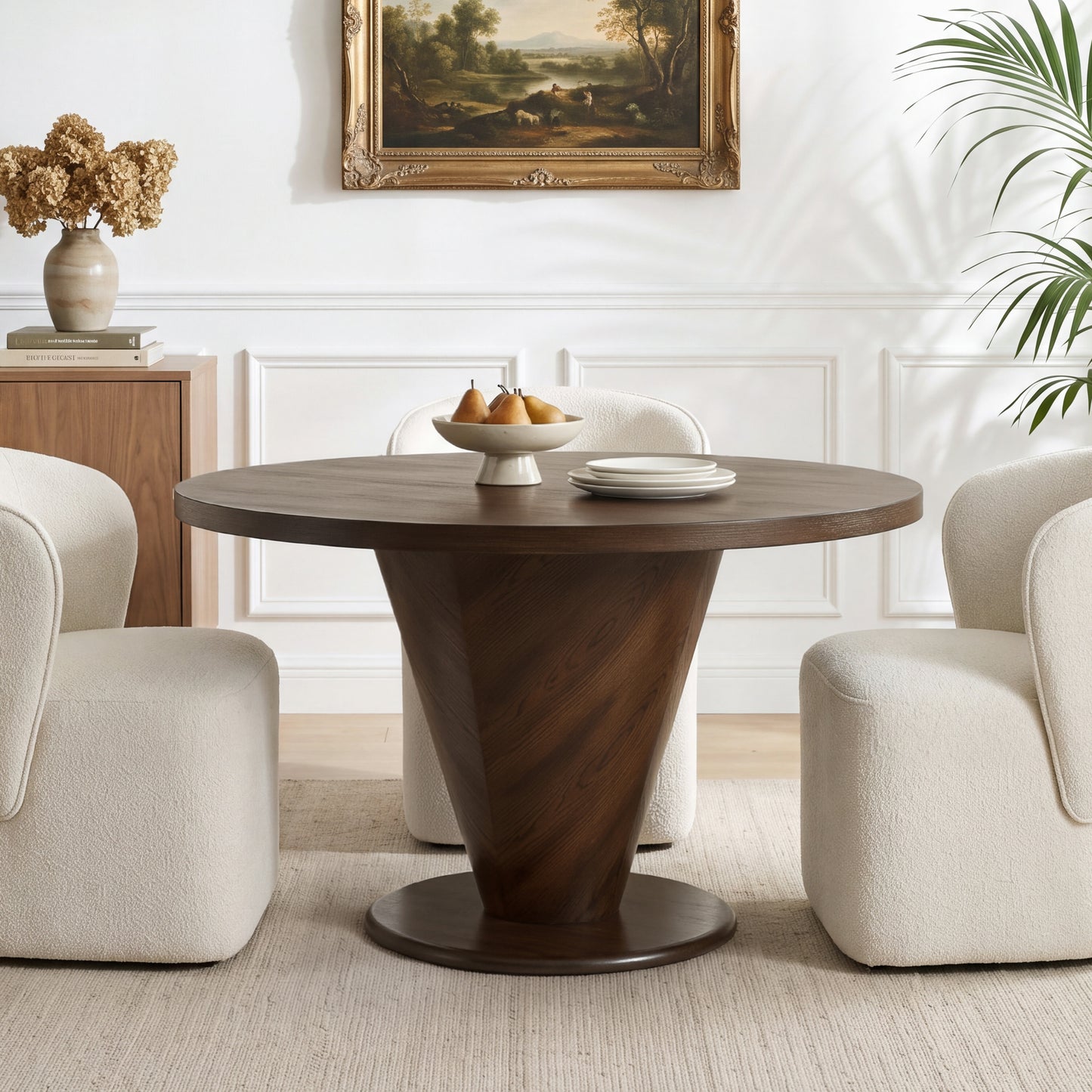 Roundhill Furniture Solene Sculptural Pedestal Round Dining Table, Walnut