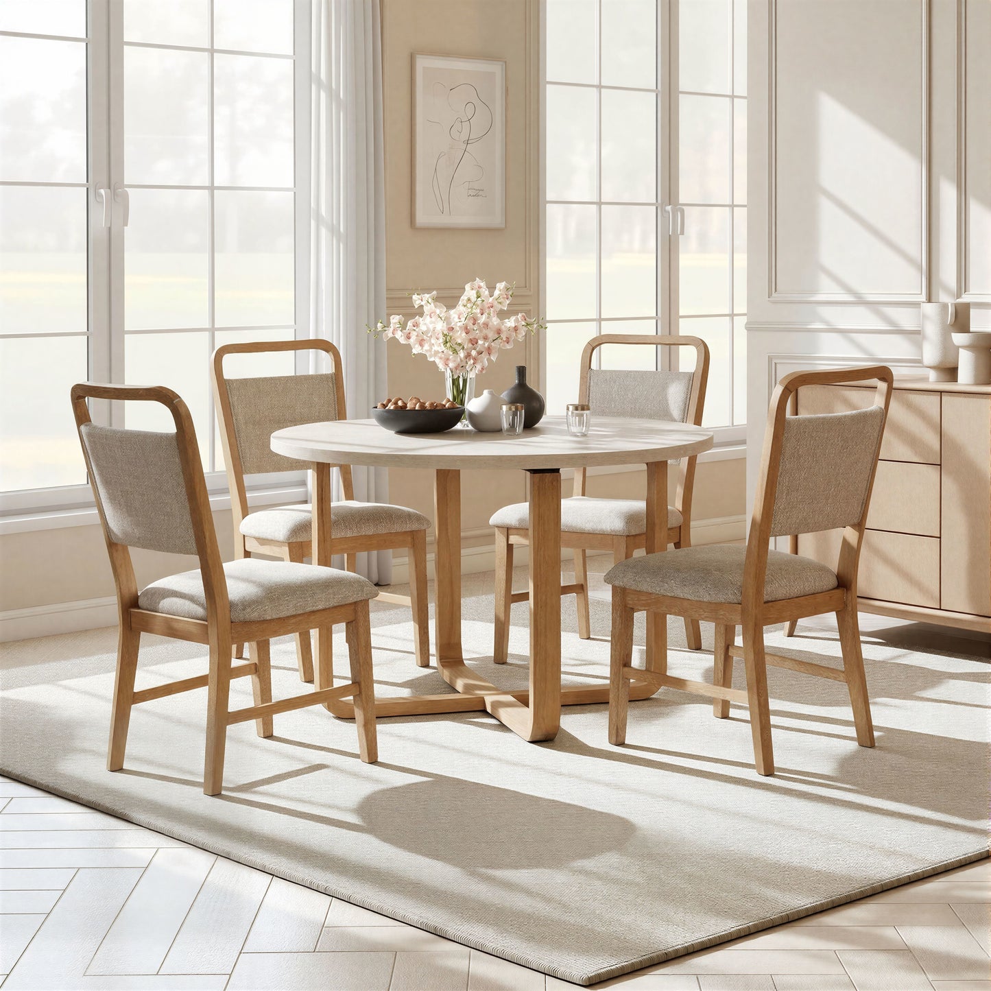 Roundhill Furniture Arden 5-Piece Dining Set, 47" Round Table with 4 Solid Wood Chairs