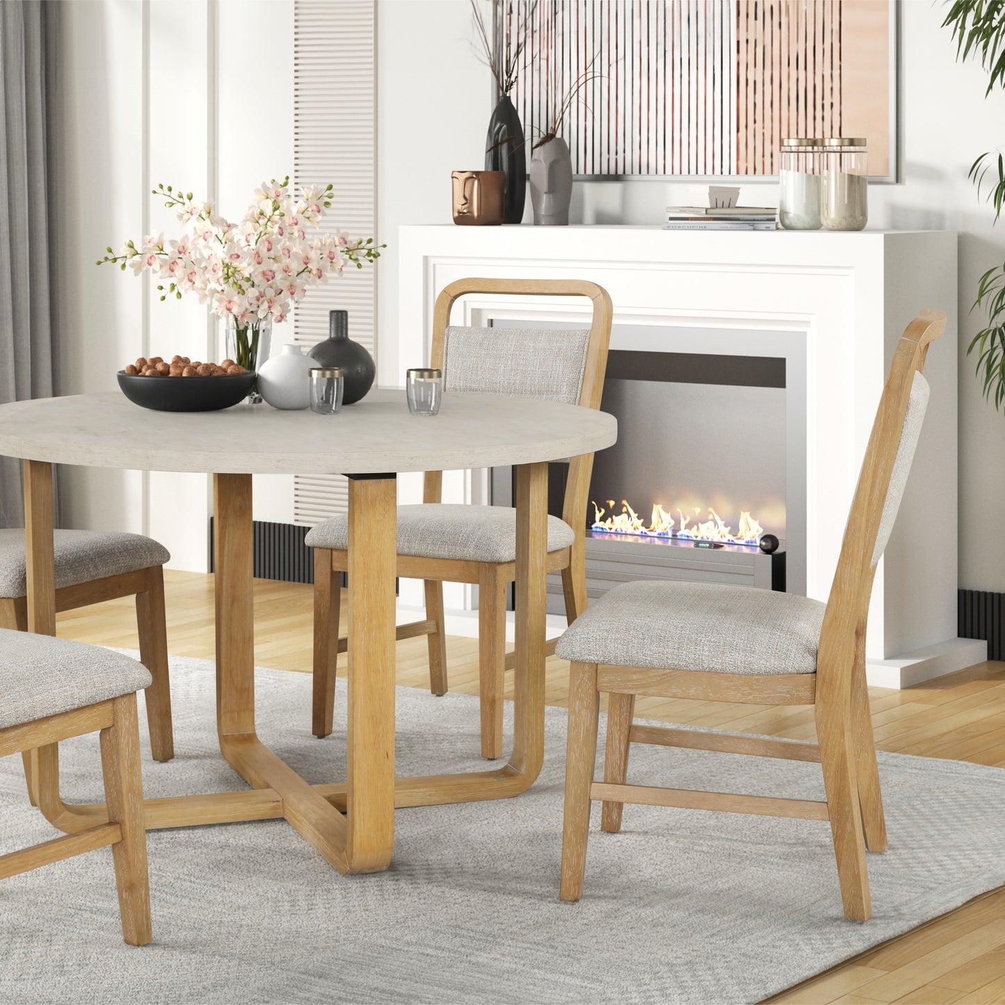 Roundhill Furniture Arden 5-Piece Dining Set, 47" Round Table with 4 Solid Wood Chairs