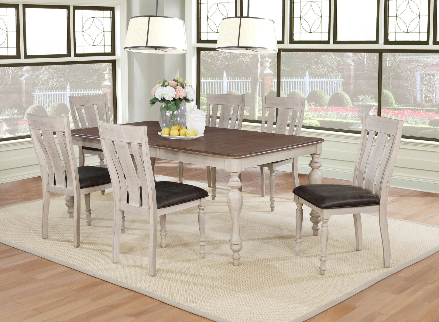 Arch Weathered Oak Dining Set: Table with Extension Leaf, Six Chairs