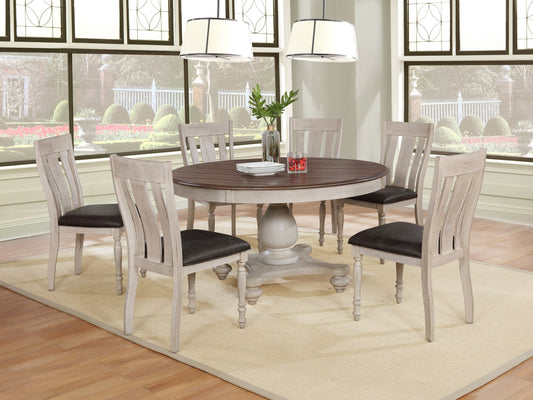 Arch Weathered Oak Dining Set: Round Table, Six Chairs