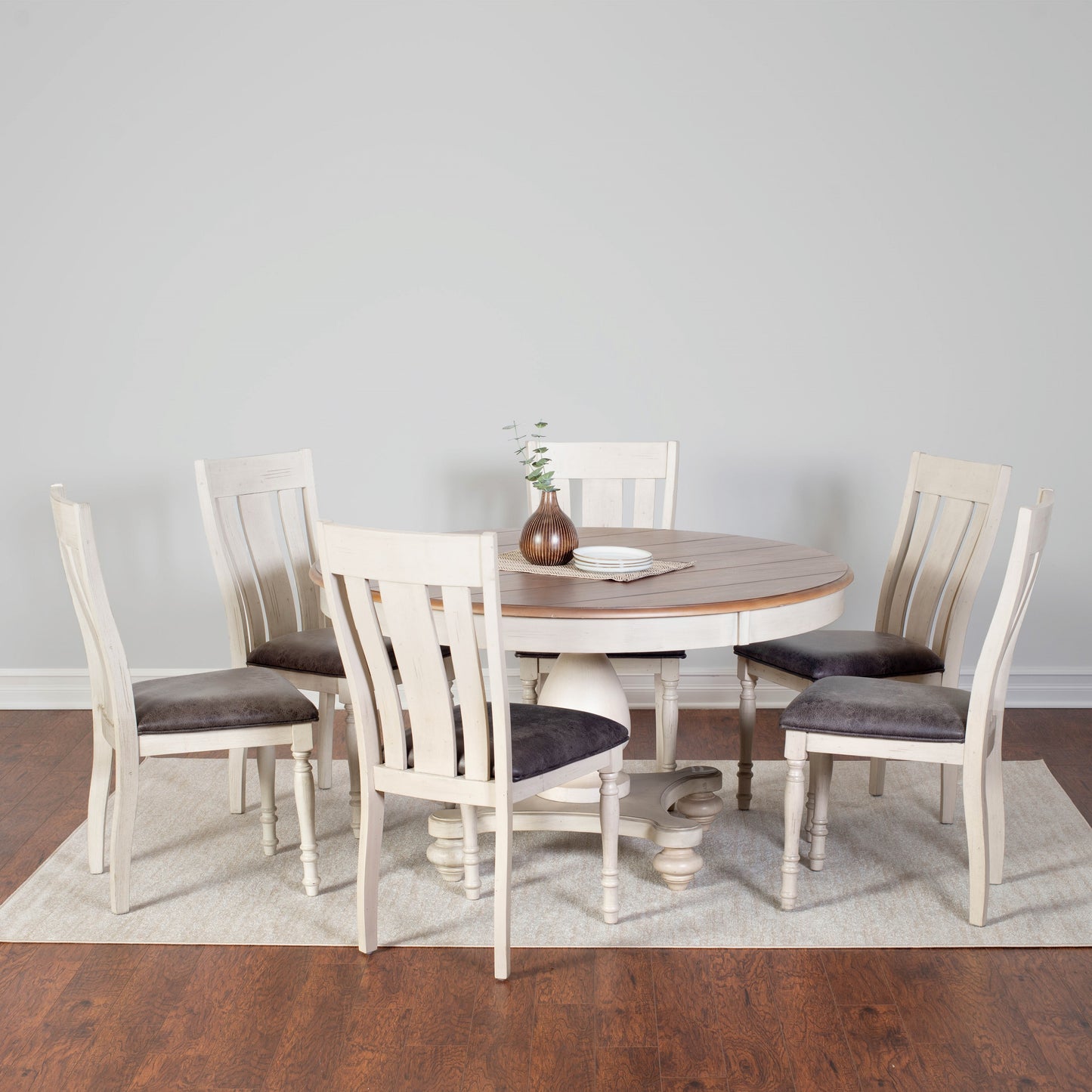 Arch Weathered Oak Dining Set: Round Table, Six Chairs