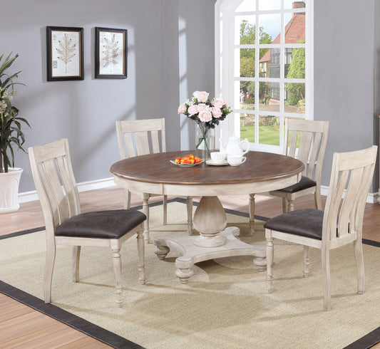 Arch Weathered Oak Dining Set: Round Table, Four Chairs