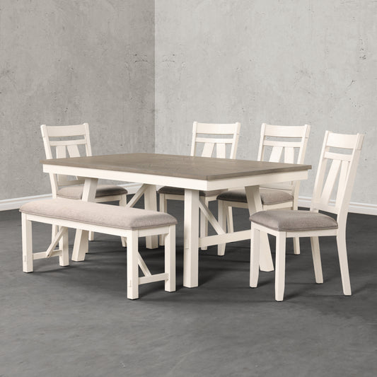 Roundhill Furniture Fasena 6-Piece Dining Set, Trestle Dining Table with 4 Chairs and Bench, Rustic Gray and Off White Finish