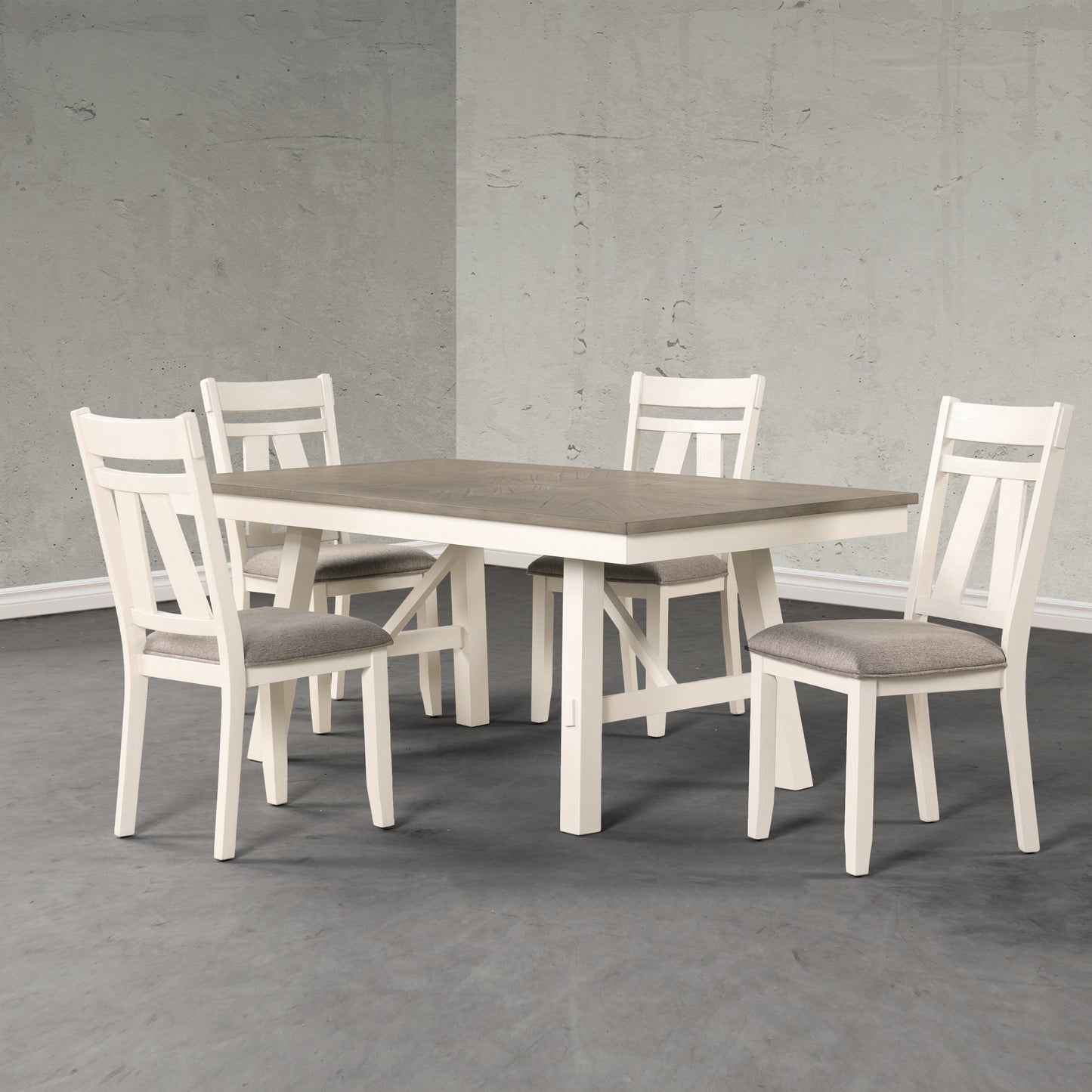 Roundhill Furniture Fasena 5-Piece Dining Set, Trestle Dining Table with 4 Chairs in Rustic Gray and Off White Finish