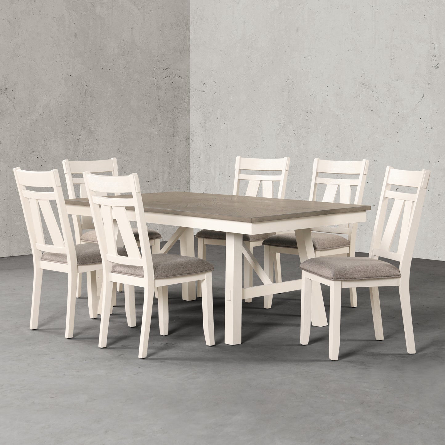 Roundhill Furniture Fasena 7-Piece Dining Set, Trestle Dining Table with 6 Chairs in Rustic Gray and Off White Finish