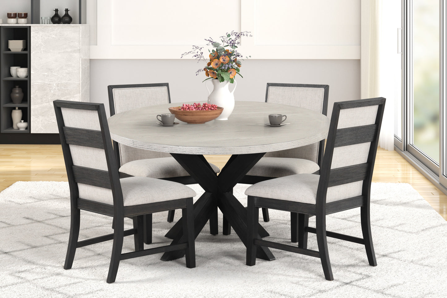 Gates 5-Piece Round Dining Set, Criss-Cross Dining Table with 4 Stylish Chairs, Light Gray