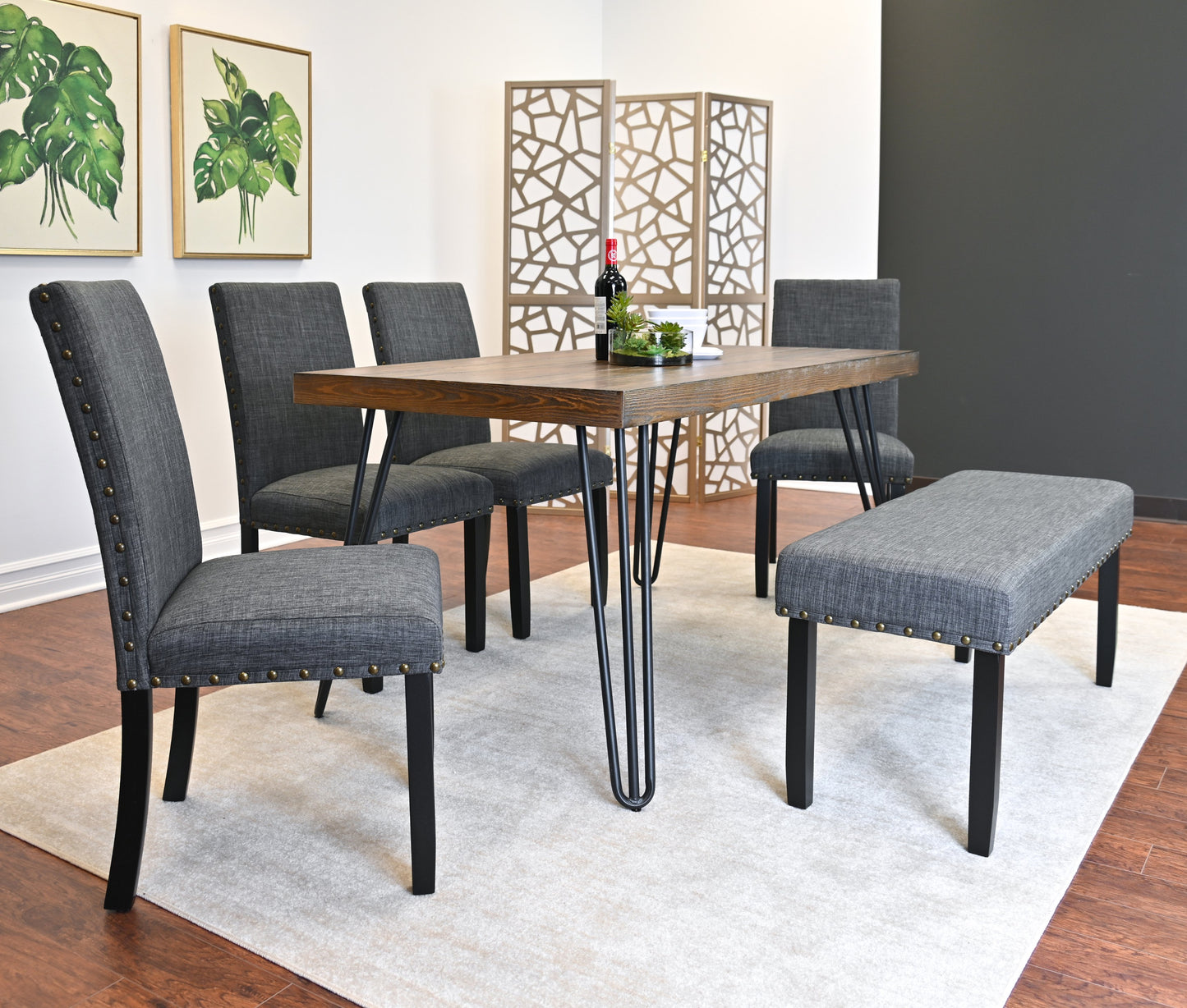 Amisos 6-Piece Dining Set, Hairpin Dining Table with 4 Chairs and Upholstery Bench, 3 Color Options