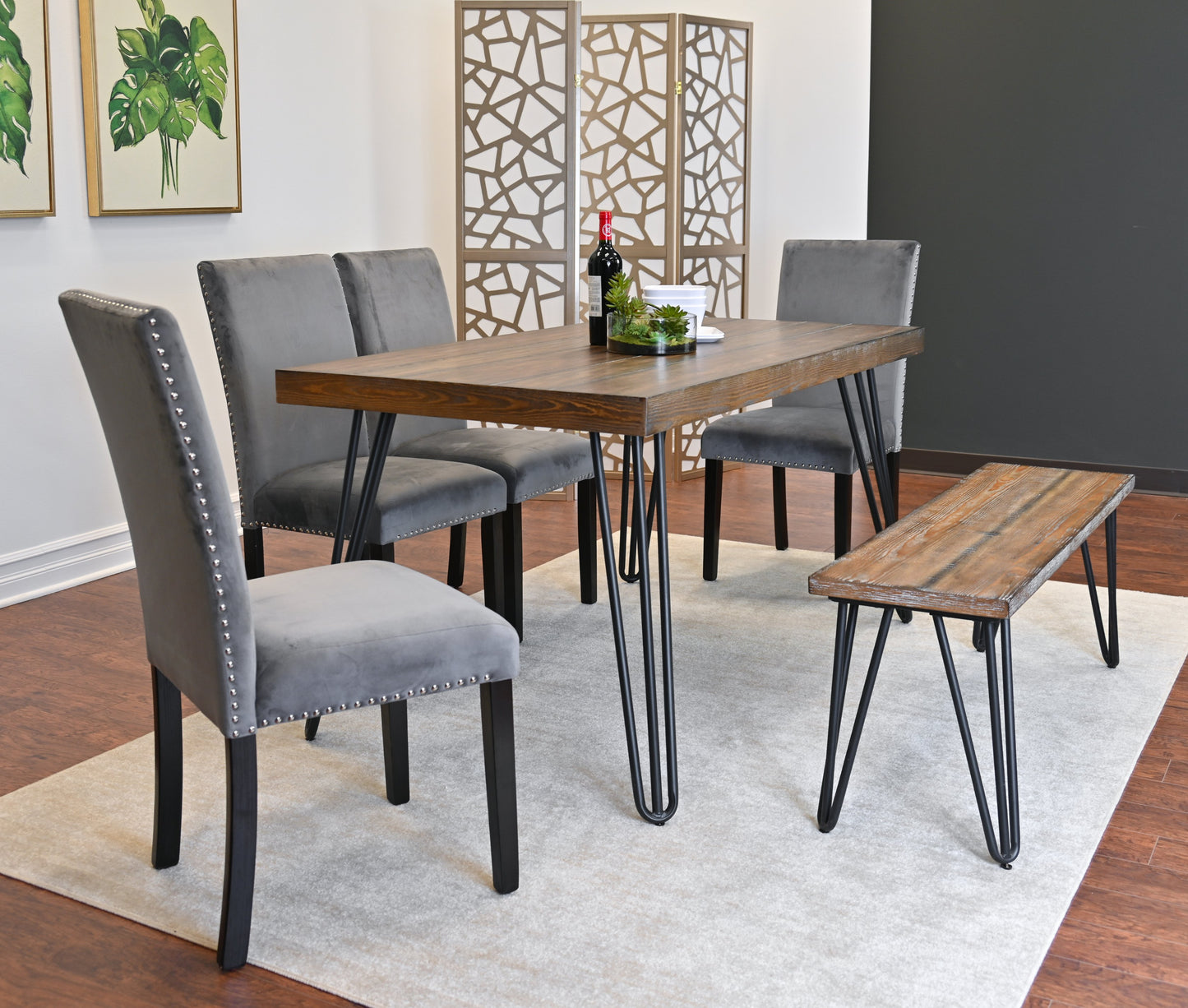 Ashzo 6-Piece Dining Set, Hairpin Dining Table with 4 Chairs and Bench, 3 Color Options