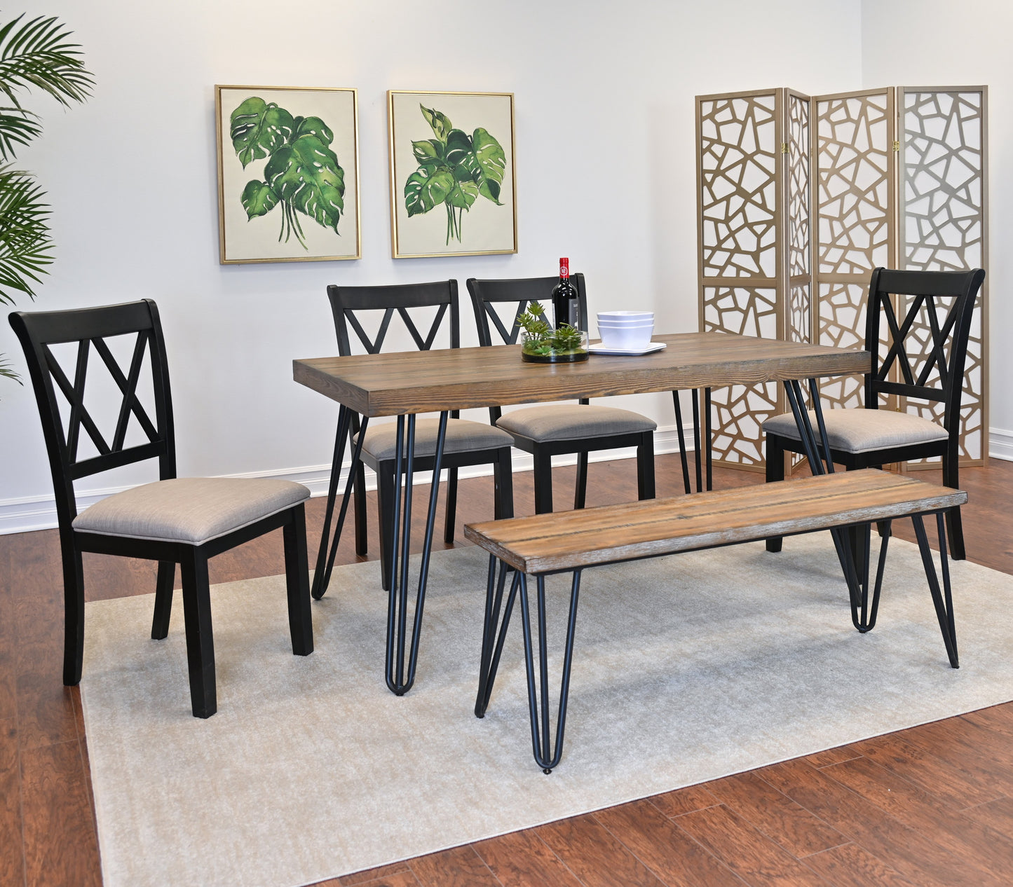 Arroyo 6-Piece Dining Set, Hairpin Dining Table with 4 Cross-back Chairs and Bench, Rich Black