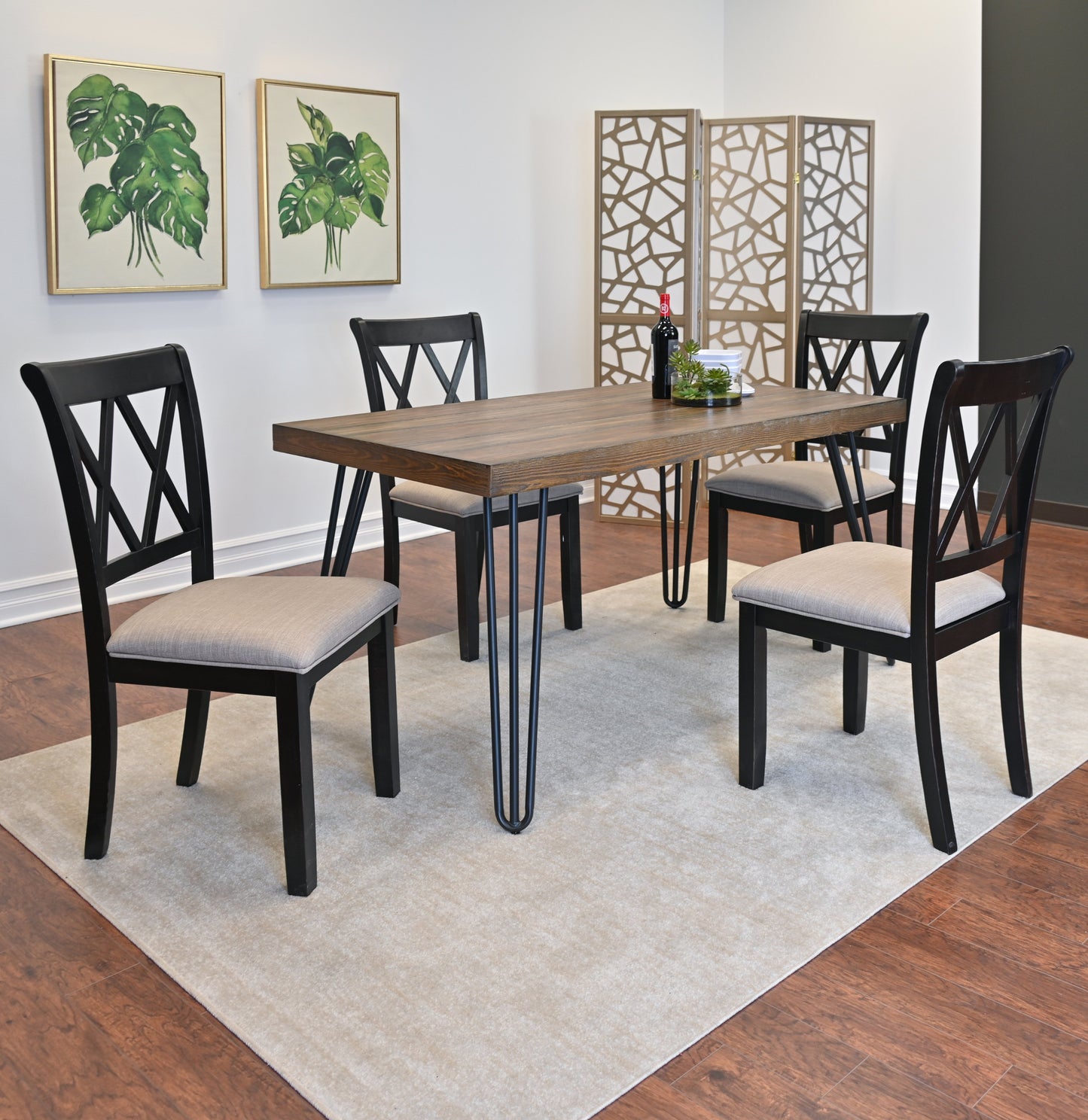 Arroyo 6-Piece Dining Set, Hairpin Dining Table with 4 Cross-back Chairs and Bench, Rich Black