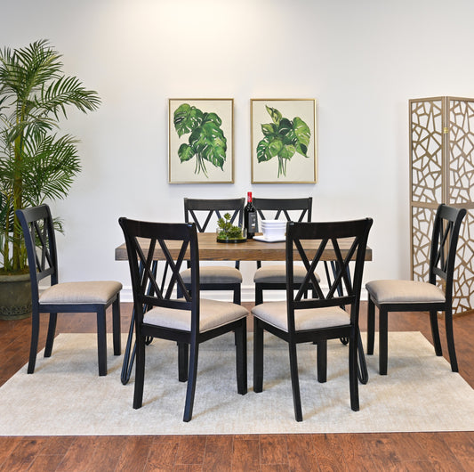 Arroyo 7-Piece Dining Set, Hairpin Dining Table with 6 Cross-back Chairs, Rich Black
