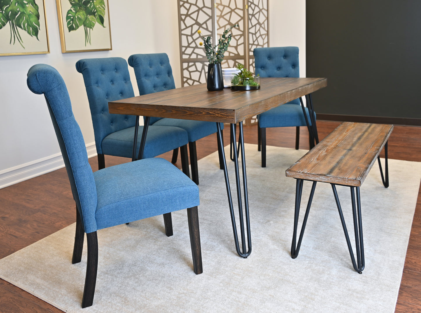 Ashford 6-Piece Dining Set, Hairpin Dining Table with 4 Chairs and Bench, 4 Color Options