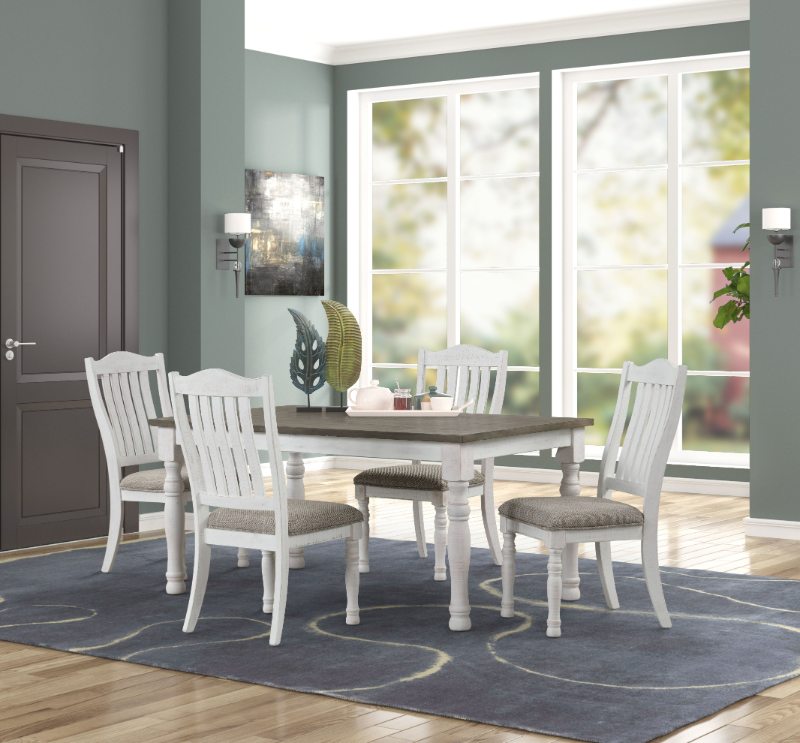Ebret Farmhouse 5-Piece Two-tone Distressed Dining Set, Brown and White
