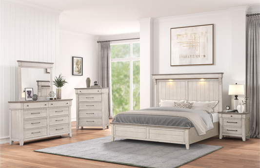 Walcott Bedroom Collection with Touch LED Lighting, Weathered Dusty-taupe Finish