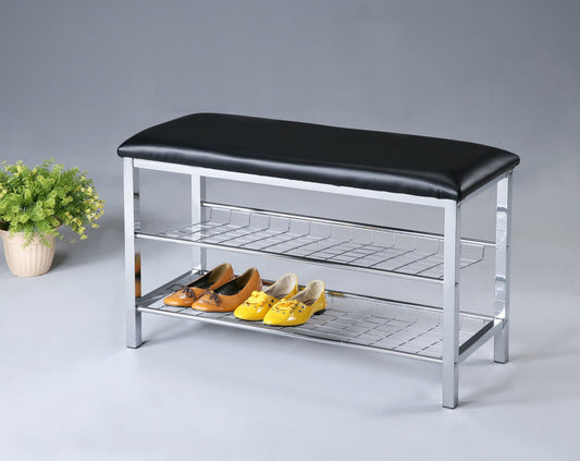 Metal Shoe Bench with Faux Leather Seat, Chrome and Black