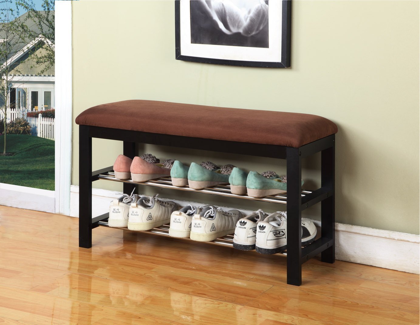 Dark Espresso Wood Shoe Bench with Chocolate Microfiber Seat