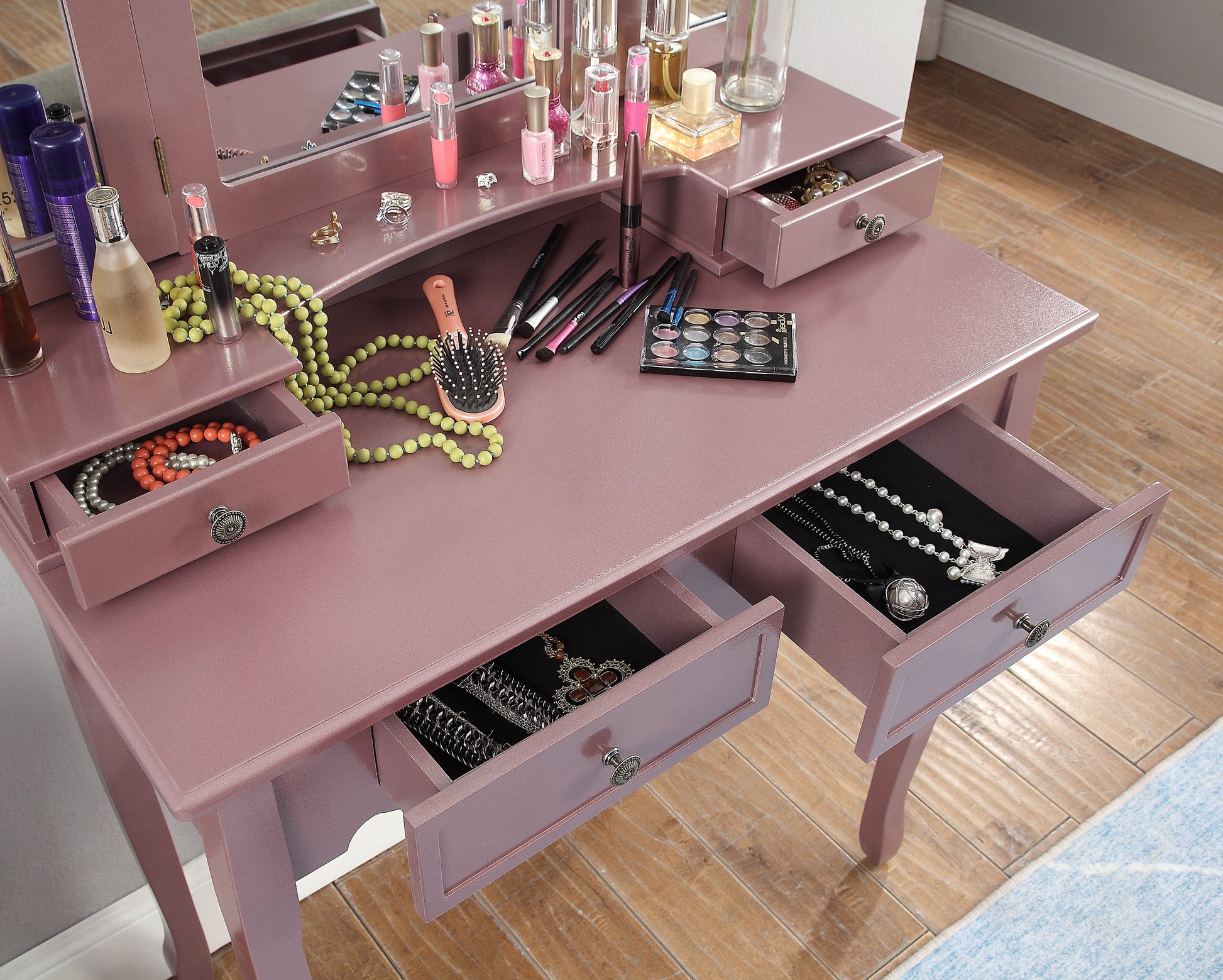 Sanlo Wooden Vanity Make Up Table and Stool Set, Rose Gold Roundhill Furniture Sanlo Wooden Vanity Make Up Table and Stool Set, Rose Gold Roundhill Furniture