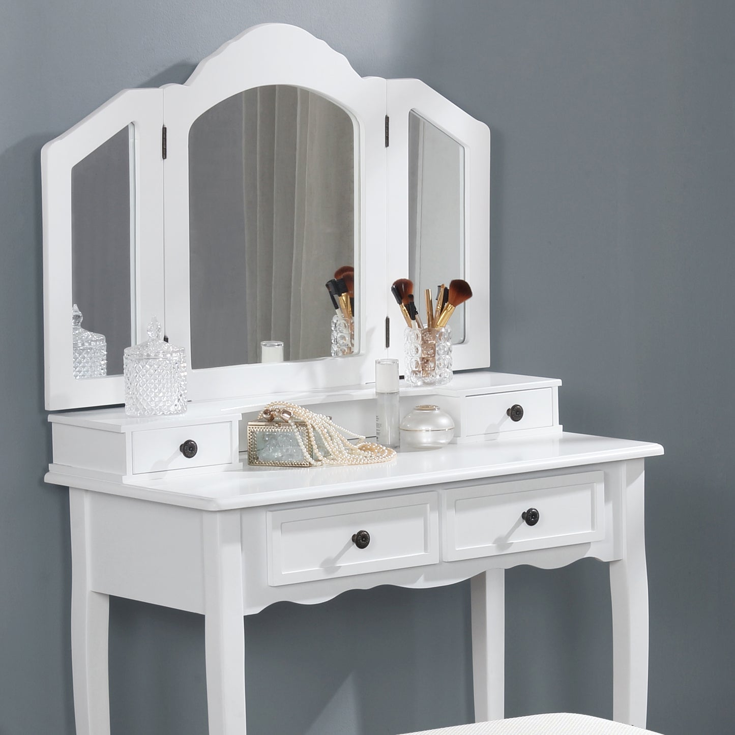Sanlo White Wooden Vanity, Make Up Table and Stool Set