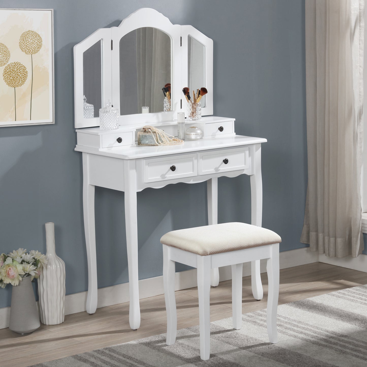 Sanlo White Wooden Vanity, Make Up Table and Stool Set