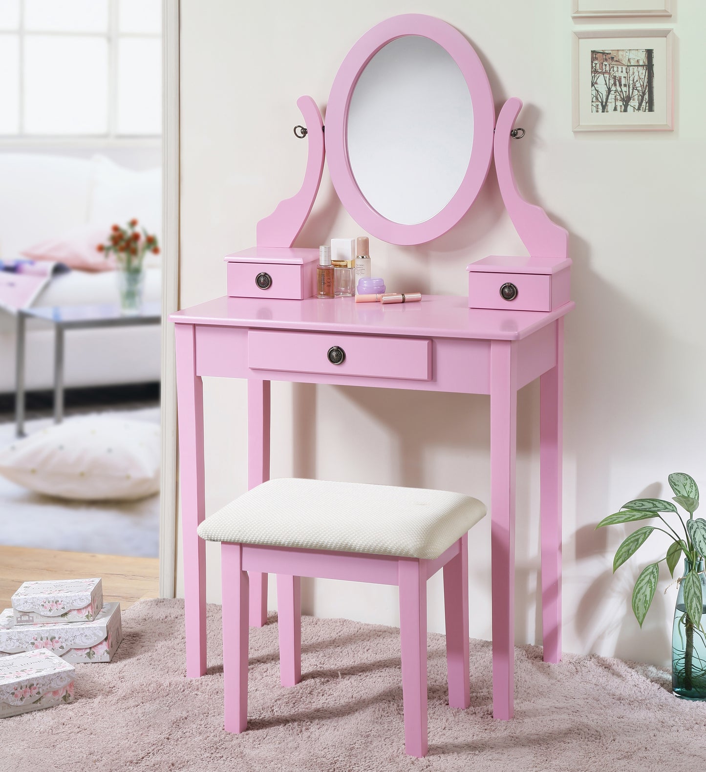 Moniys Wood Moniya Makeup Vanity Table and Stool Set, Pink