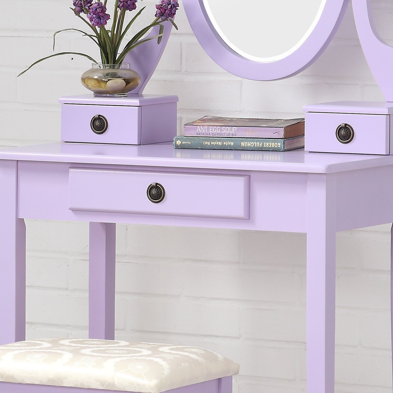 Moniya Purple Wood Makeup Vanity Table and Stool Set