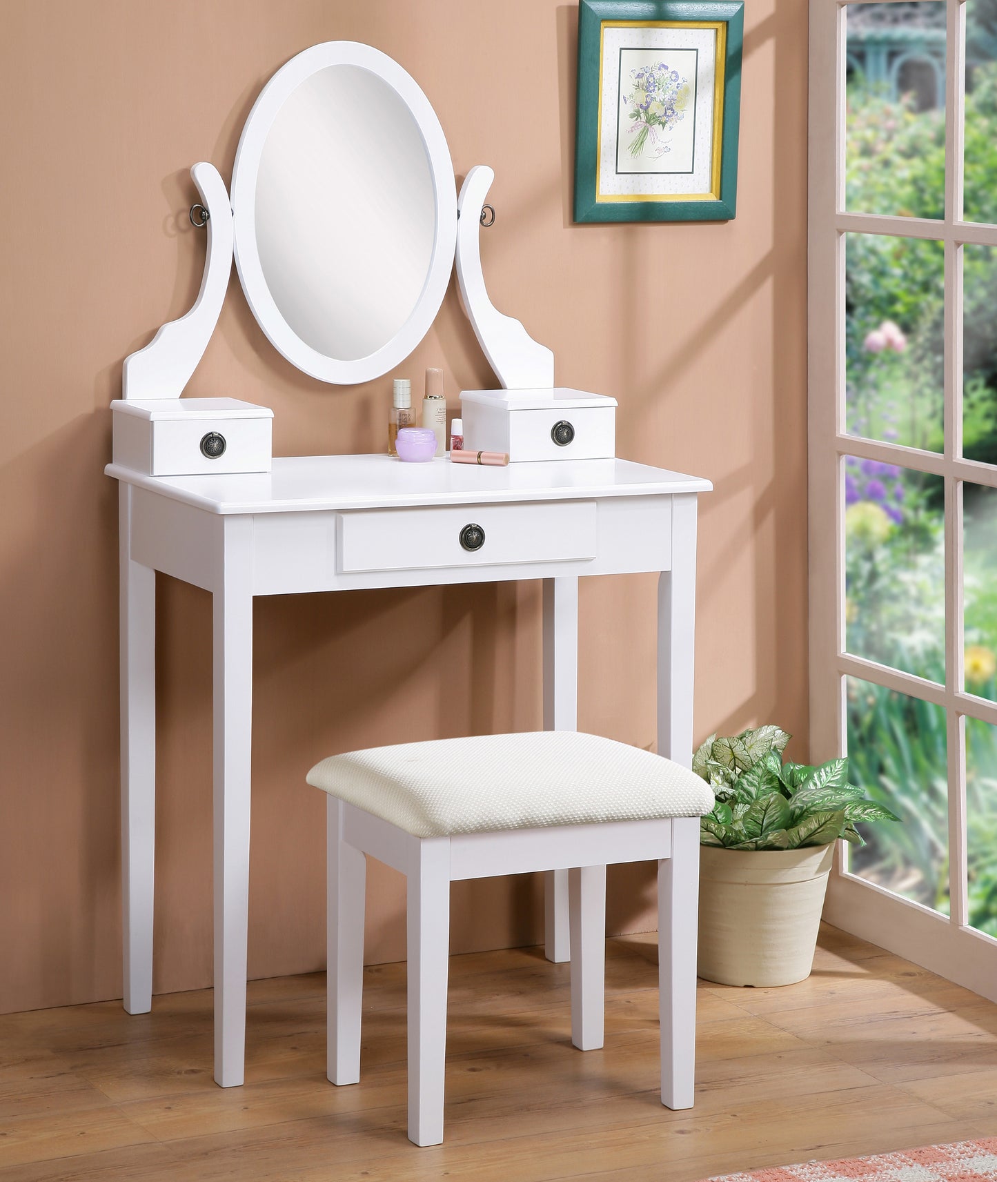 Moniya White Wood Vanity Table and Stool Set, White