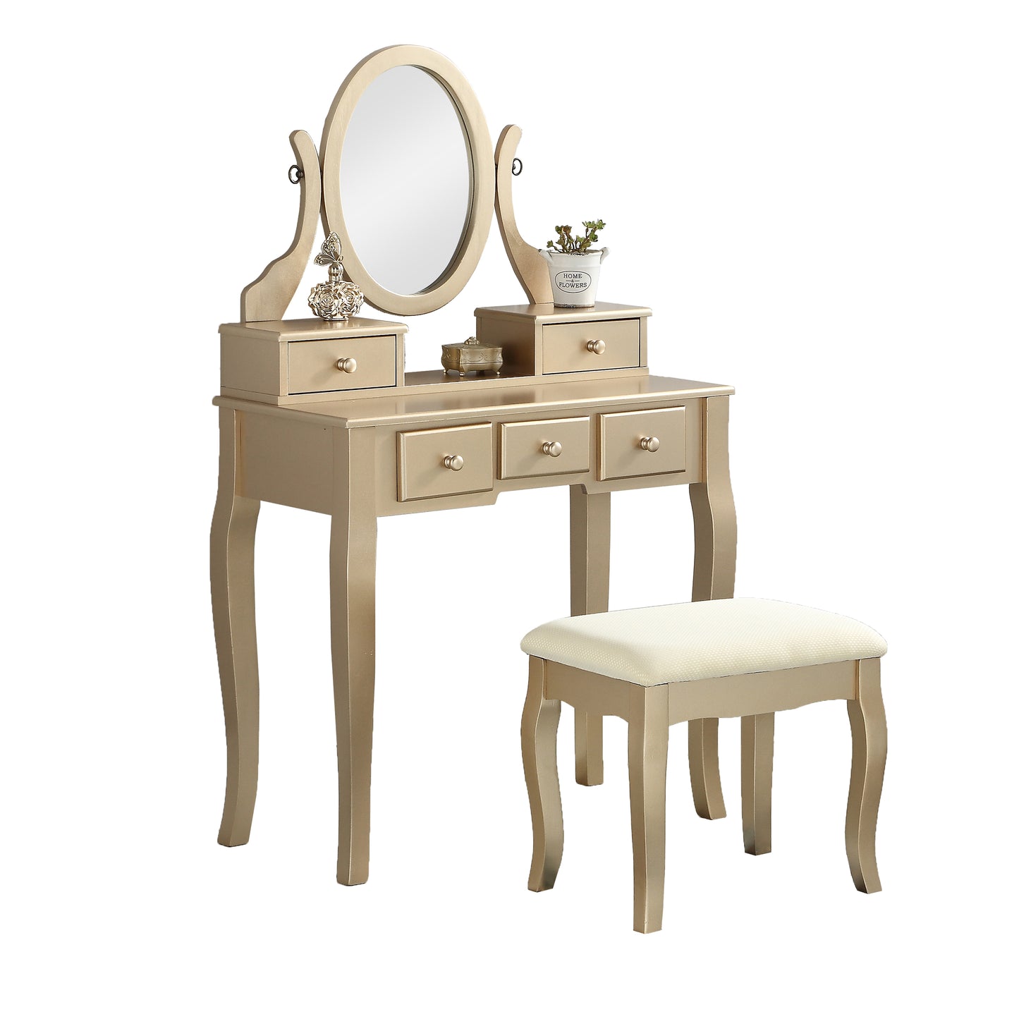 Ashley Gold Wood Makeup Vanity Table and Stool Set