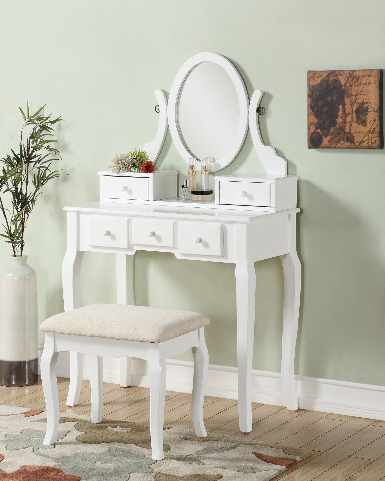 Ashley Wood Makeup Vanity Table and Stool Set White – Roundhill Furniture Ashley Wood Makeup Vanity Table and Stool Set White – Roundhill Furniture