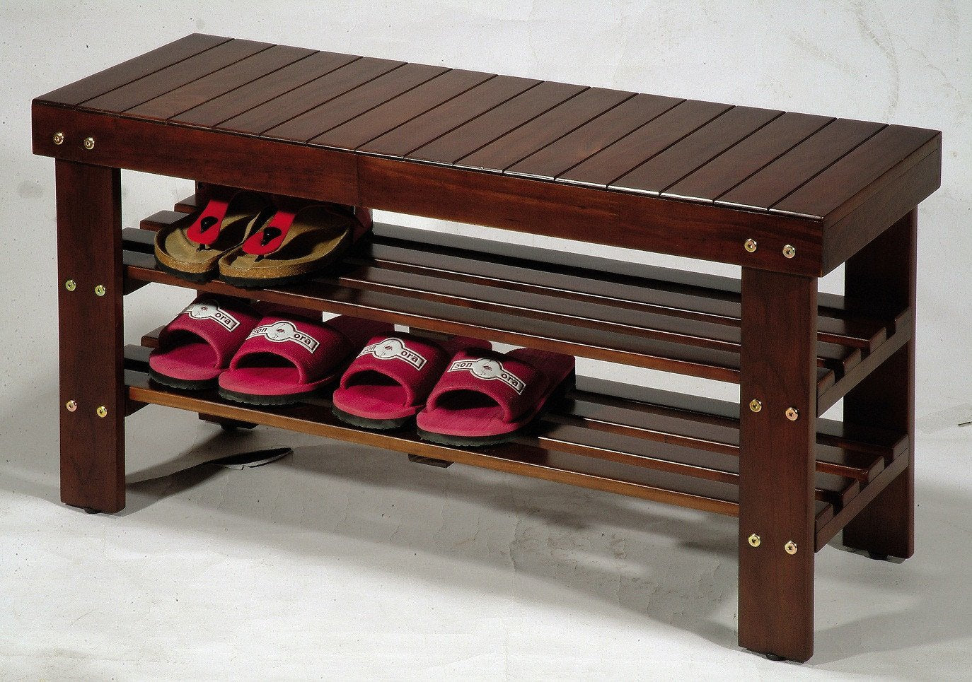 Cherry Finish Solid Wood Shoe Bench with Shelf
