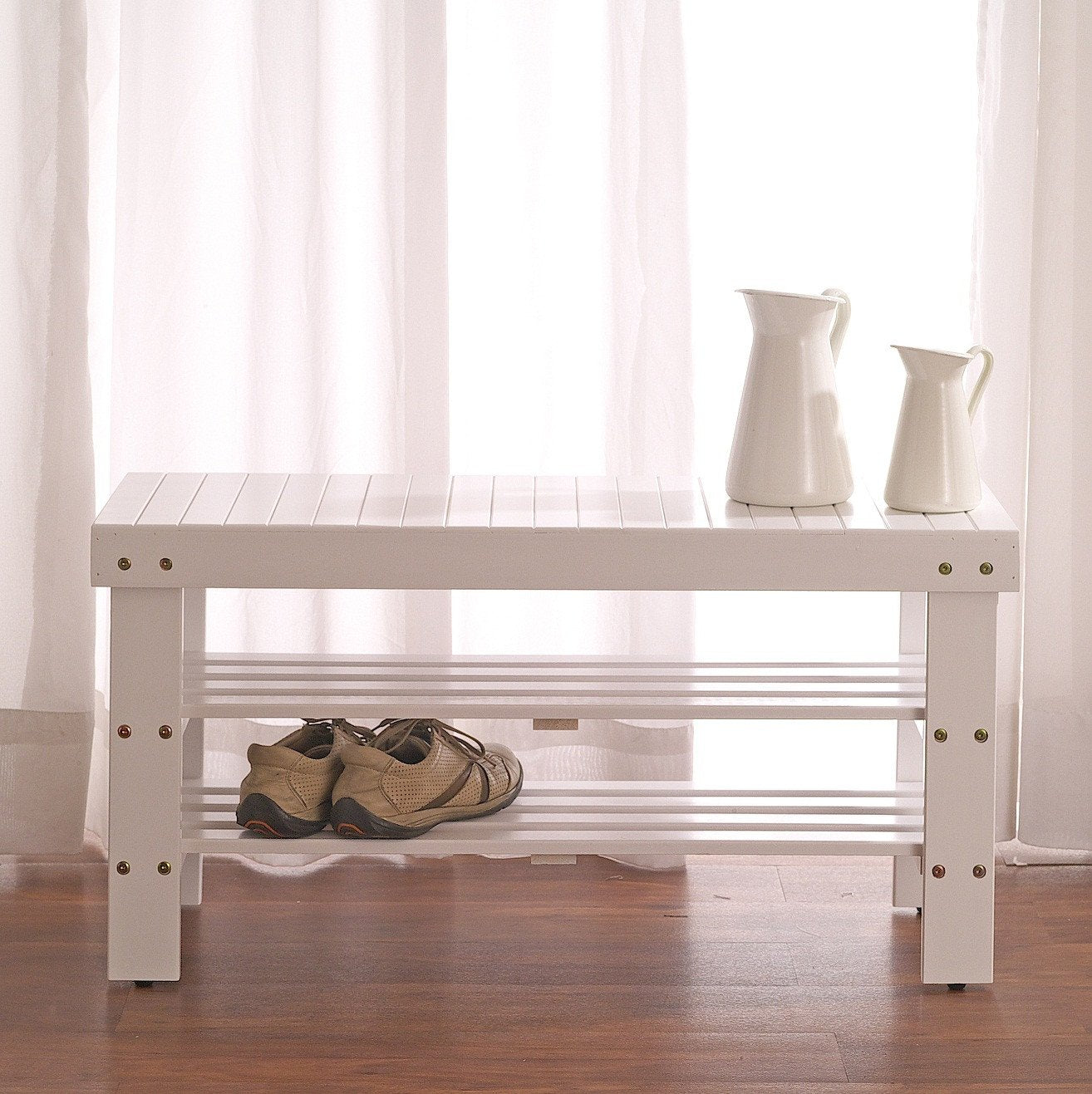White Finish Solid Wood Shoe Bench with Shelf