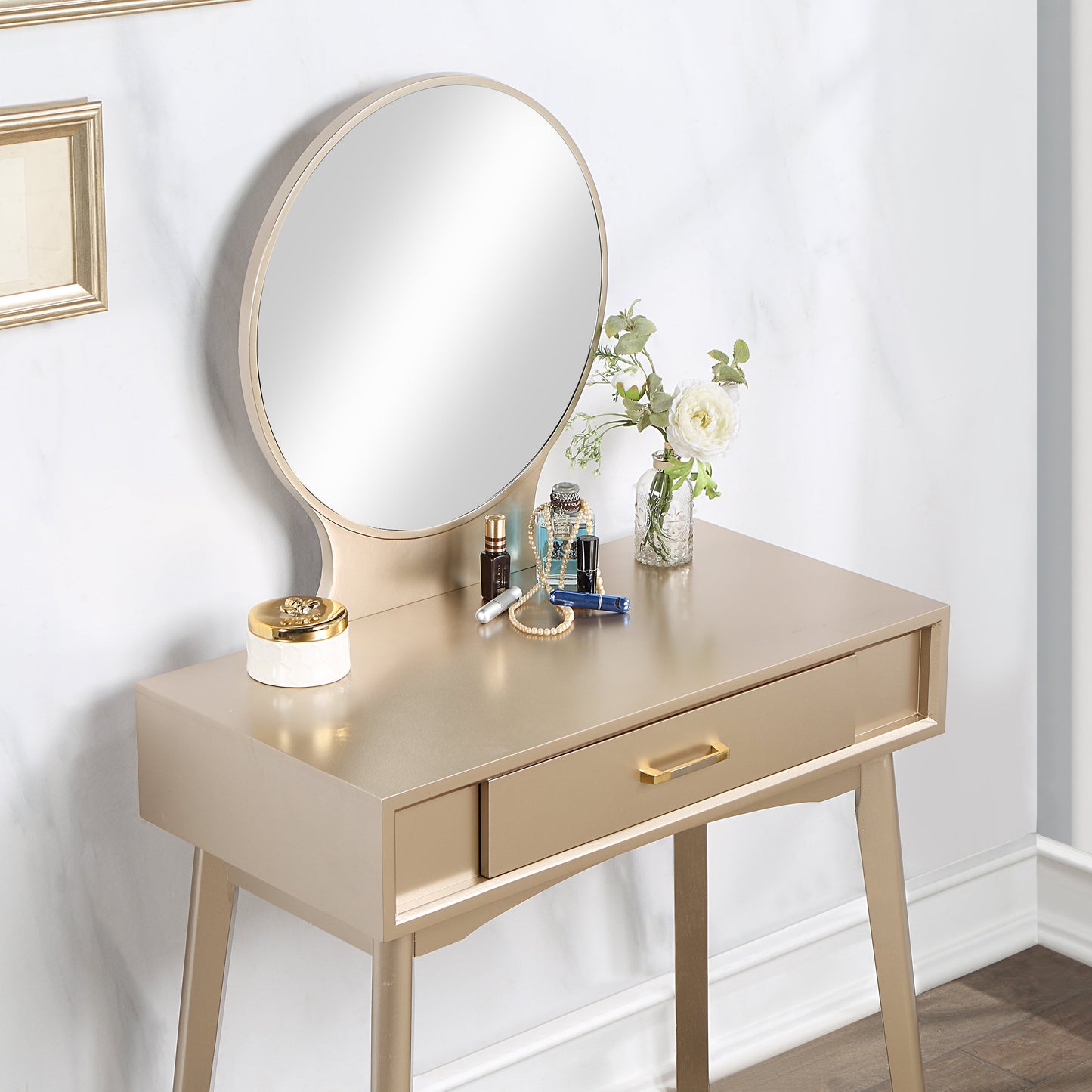 Maly Contemporary Wood Vanity and Stool Set, Gold
