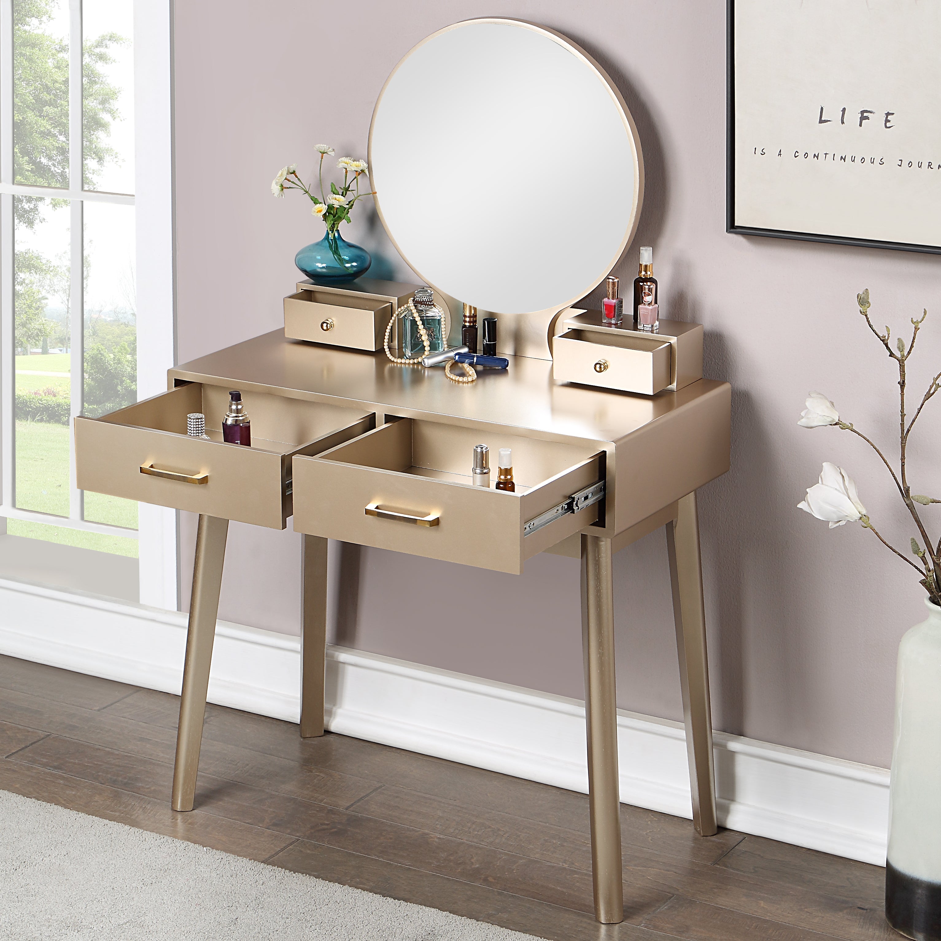 Roundhill furniture moniya wood discount vanity table and stool set