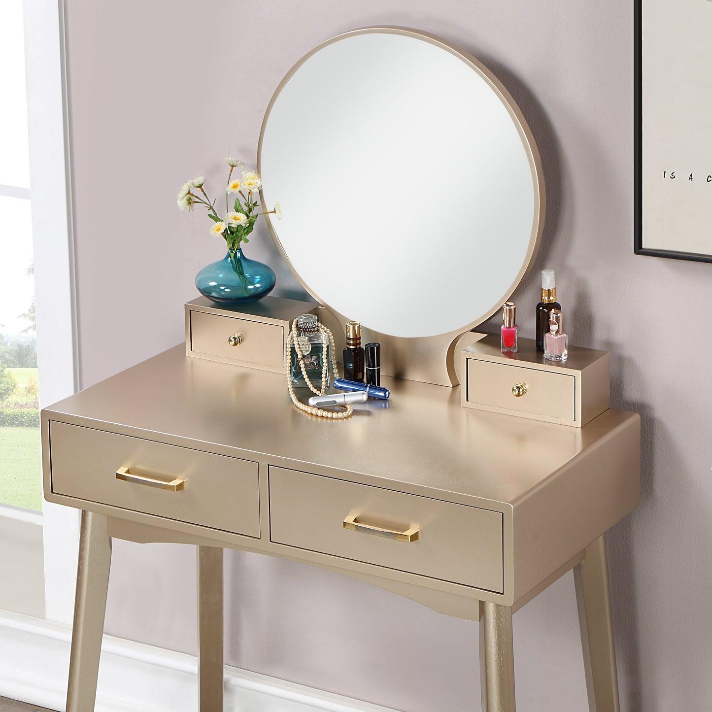 Liannon Contemporary Wood Vanity and Stool Set, Gold