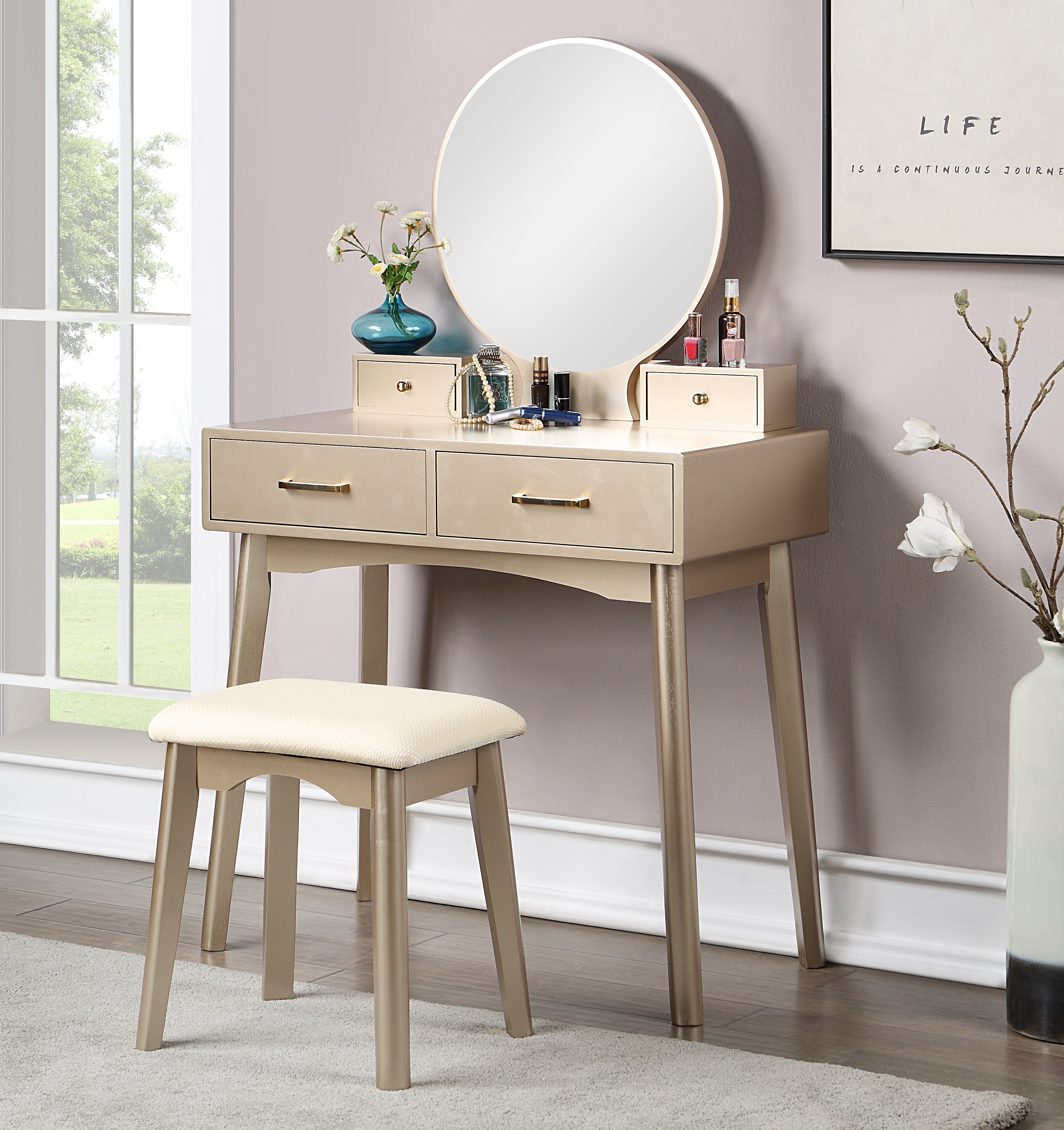 Roundhill furniture moniya wood vanity table on sale and stool set