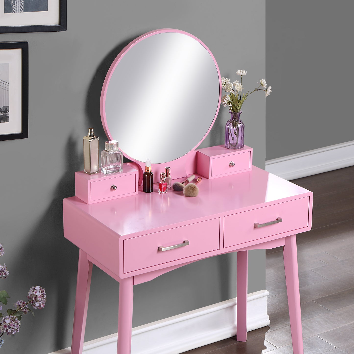 Liannon Contemporary Wood Vanity and Stool Set, Pink